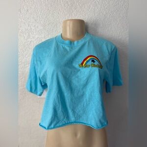 Vintage 90s Screen Stars Light Blue Crop Top with Rainbow Design tee crop